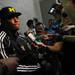 Michigan senior quarterback Denard Robinson looks up as he answers questions after the Outback Bowl at Raymond James Stadium in Tampa, Fla. on Tuesday, Jan. 1. Melanie Maxwell I AnnArbor.com